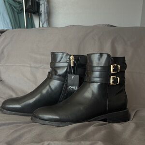Jones New York Black Ankle Boots with Gold Buckles